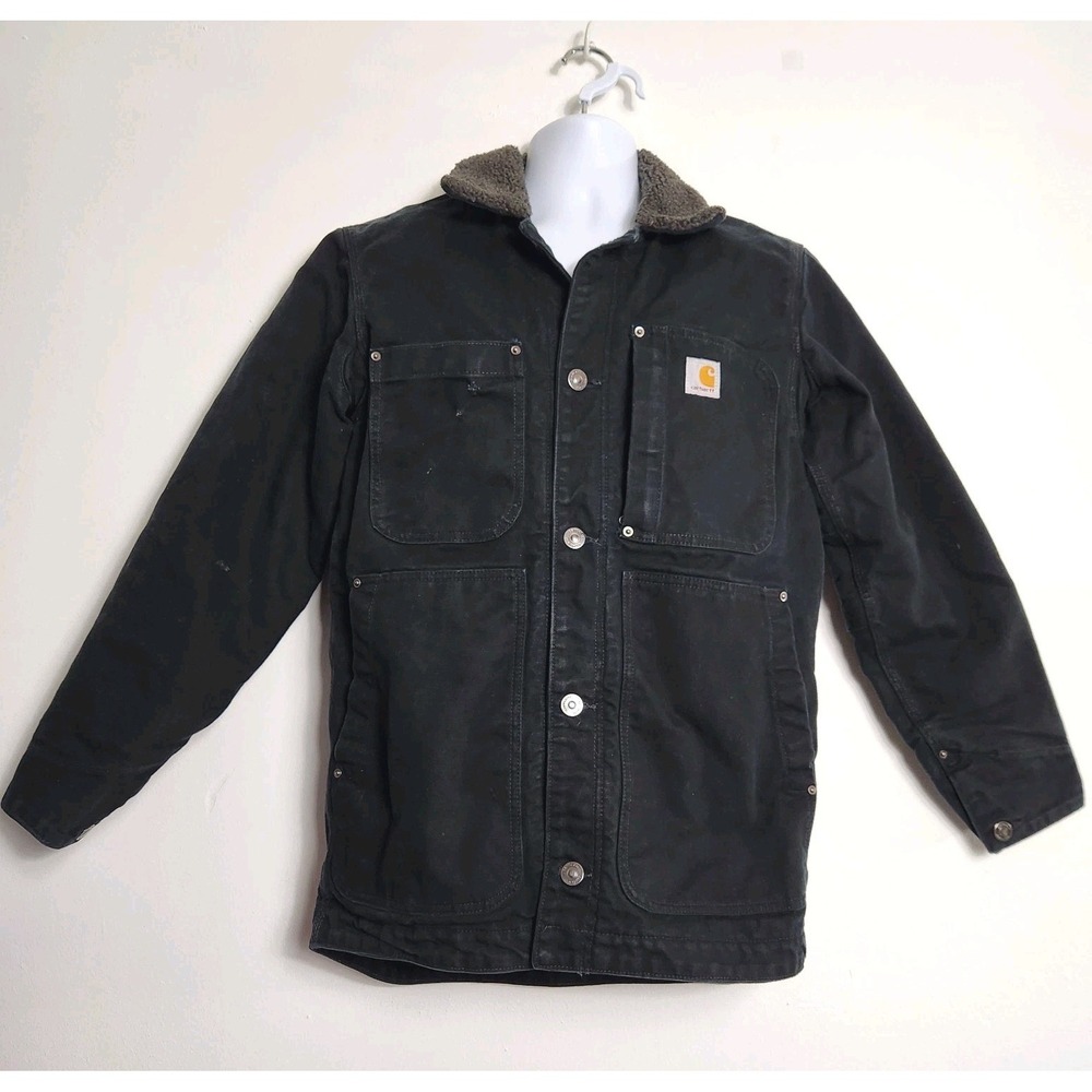 Carhartt Full Swing Jacket Mens Size Small Black Duck Canvas Sherpa‎ Collar Work